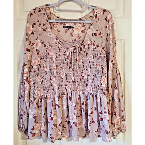 American Eagle Floral Smocked Peasant Top Long Sleeve Boho Blouse Pink Mauve M